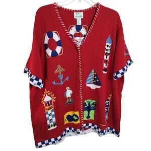4532)The Quacker Factory Plus Nautical Knit Red Short Sleeve Cardigan Sweater 3X
